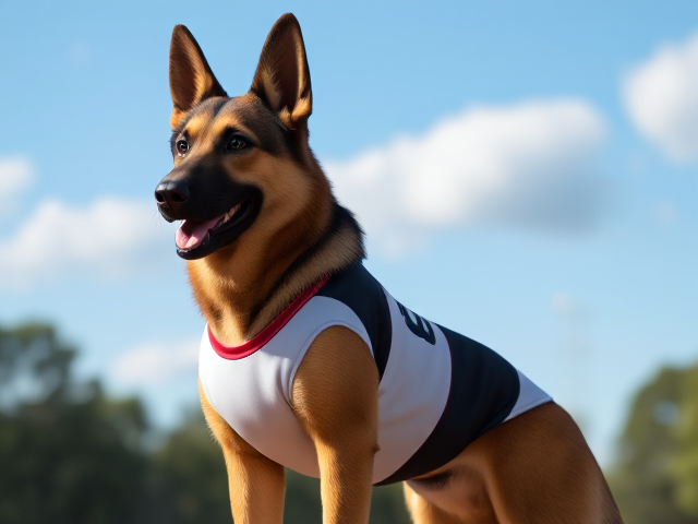 A anthropomorphic German shepherd with a long torso wearing her volleyball uniform