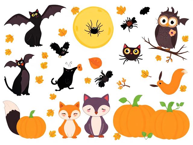 Cartoon clipart of bats, cats, spiders, owls, foxes, leaves, and pumpkins