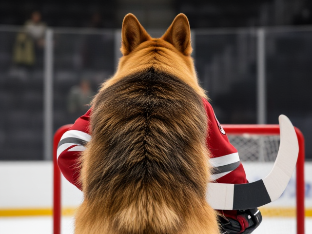 A anthropomorphic long haired German shepherd wearing hockey goalie pads glove and blocker