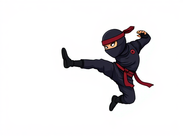 cartoonish 8 bit ninja jump-kicking against a blank white background