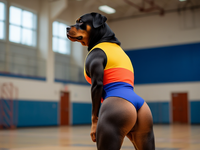 Anthropomorphic Rottweiler wearing a colorful gymnastics leotard, emphasizing its strong hips, in a vibrant gymnasium setting