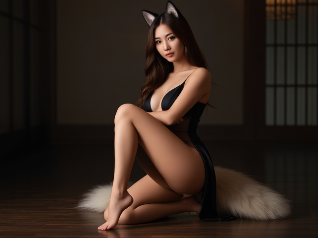 Femme kitsune asiatique, beauté envoûtante, pieds nus élégants, allure sensuelle et athlétique, vêtement moulant dans une ambiance mystique et élégante, éclairage doux et captivant, détails fins et précis, arrière-plan harmonieux et serein