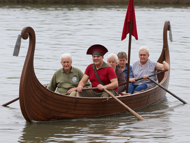 Nursing home residents in a small canoe dressed up as a Roman warship
