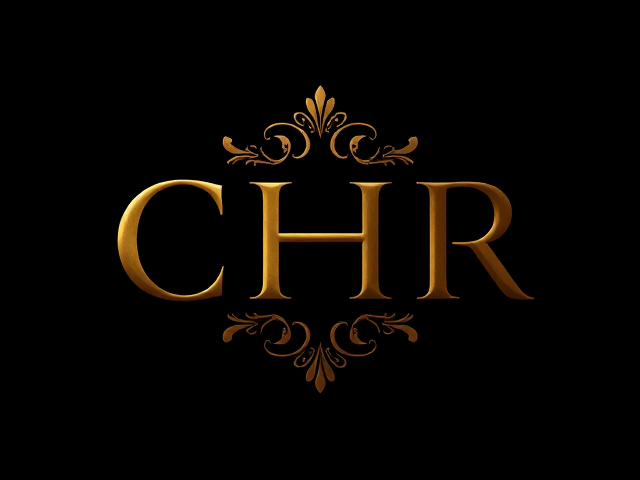 Logo doré, symbole, lettres CHR entrelacées dans un symbole élégant sur fond noir. Design raffiné, lisible. alliant prestige et modernité.