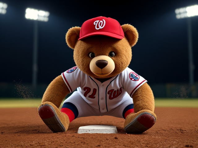thin athletic human teddy bear 5 feet 5 inches tall dark creme fur green eyes wearing a nationals uniform red hat with a white letter N logo white jersey with Nats written across the front in navy and red white baseball pants with red and navy piping down the sides red baseball socks navy and red baseball cleats sliding headfirst on the dirt into second base on a minor league baseball field