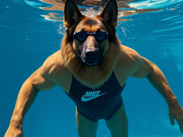 A tall anthropomorphic long haired German shepherd with a long torso and broad shoulders wearing a Nike one piece swimsuit and swimming goggles while submerged underwater