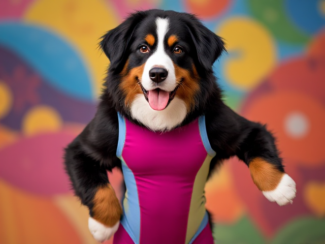 Anthropomorphic Bernese mountain dog wearing a colorful, sleek leotard, standing confidently with a lively background, detailed fur texture, expressive eyes