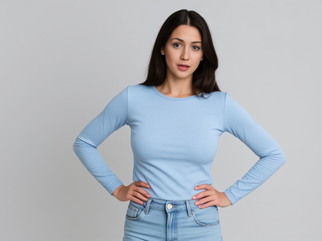 Brunette with dark hair wearing a light blue long sleeve t shirt and light blue jeans with a stunned constipated look on her face