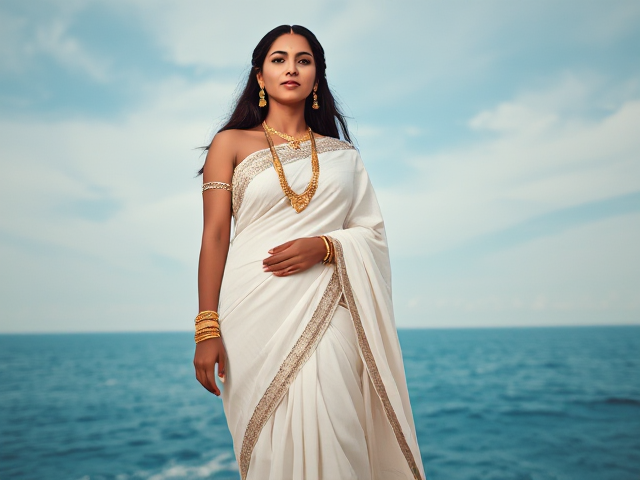 Woman in white saree with gold jewelry, a bindi, and white shoes, indian, and ocean background
