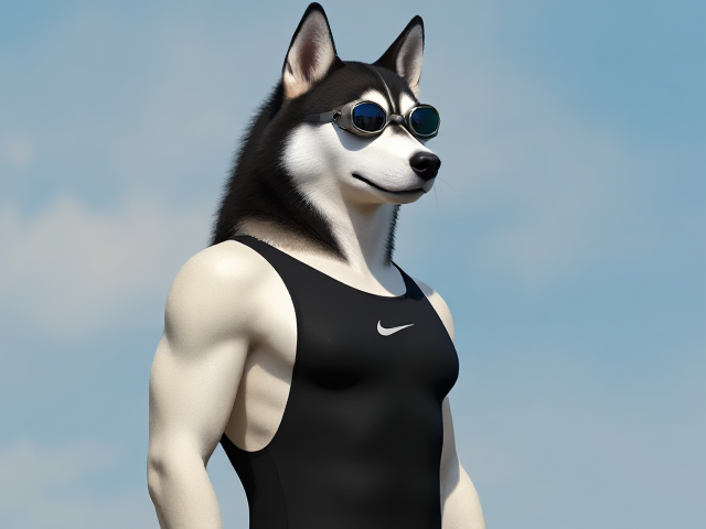 A tall anthropomorphic Siberian husky with a long torso and broad shoulders wearing a high cut Nike one piece swimsuit and Freediving goggles