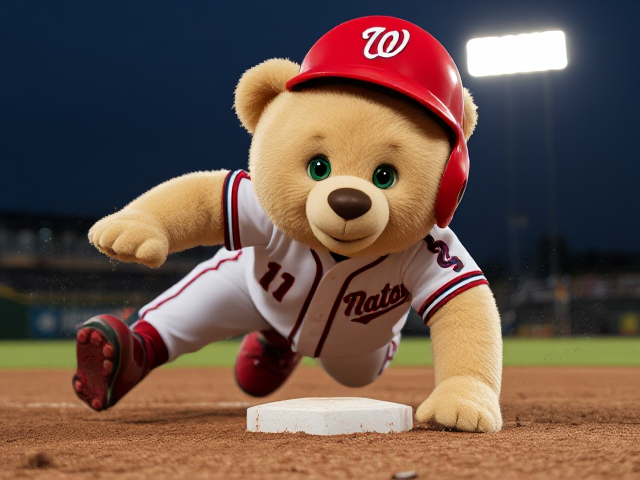 thin athletic human teddy bear 5 feet 5 inches tall  creme fur green eyes wearing a nationals uniform red helmet with a white letter N logo white jersey with Nats written across the front in navy and red white baseball pants with red and navy piping down the sides red baseball socks navy and red baseball cleats diving headfirst on the dirt into second base on a minor league baseball field