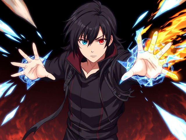 Young adult male with long black hair to medium, wearing sleek futuristic style clothing. He displays special powers: his right arm is projecting icy shards while his left arm emits fiery flames. His eyes are distinct, with the left eye being a vivid blue and the right eye a striking red. Anime style, highly detailed and dynamic action pose
