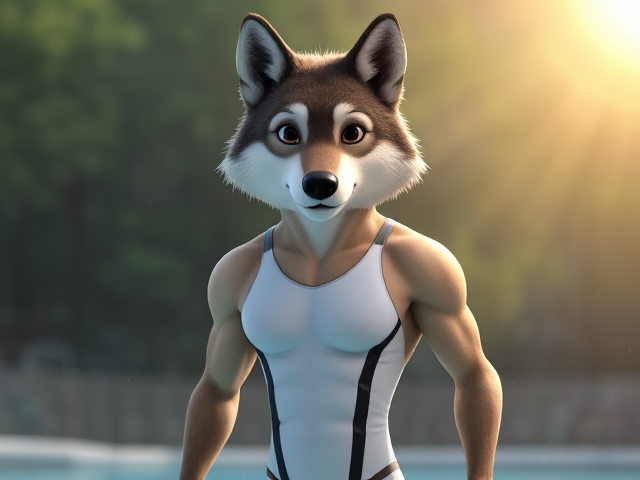 A wolf Olympic swimmer with a long torso, short legs, long arms and broad shoulders, wearing a speedo one piece swimsuit