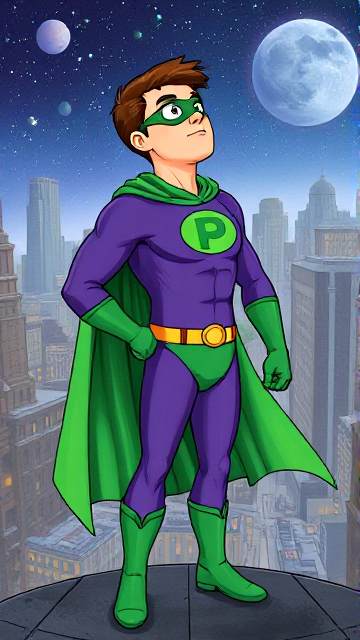 Modern Cartoon scene: A young, Autistic 25-year old boy with light skin and flat, smooth, and slick brown hair named T.J. Granger, but transformed into a genetically-altered superhero named Powerman, who, despite still being a young adult kid, has an extremely muscular body. He wears a sleek purple suit with a green P symbol on his chest, a gold belt with a circular buckle, green briefs, green boots, green long-cuffed gloves, a really big, toe-length long, ultra-wide green cape wreathed around his neck, and a green eye mask that protects his true identity. He also has incredible and invincible superpowers flowing through his veins. In this scene, Powerman is currently standing in the alien city on his masters' home planet of Zantal deep in outer space, where he looks up to the cosmic skies with a VERY SERIOUS look of justice and anger, sensing that something is wrong, and he knows he must investigate.