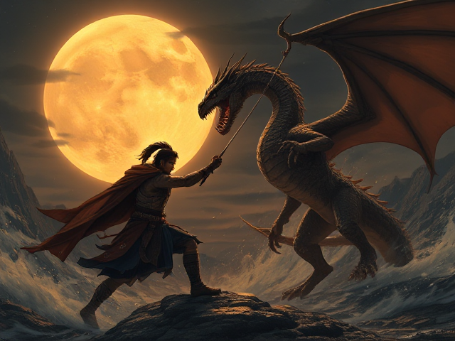 battle between warrior and dragon, full moon,