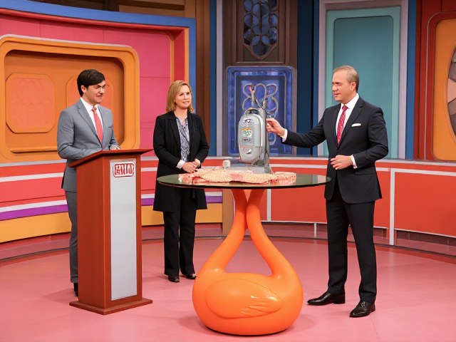A game show studio with a host and two contestants. the contestants are standing at a small lectern and the host is to their right showing off the item on a table is a high table it is a glass top with a giant orange swan base, the glass is covered with a short vintage table cloth with a vacuum cleaner sitting on top. the studio set is decorated with a retro 70's and 80's aesthetic, colorful retro.
