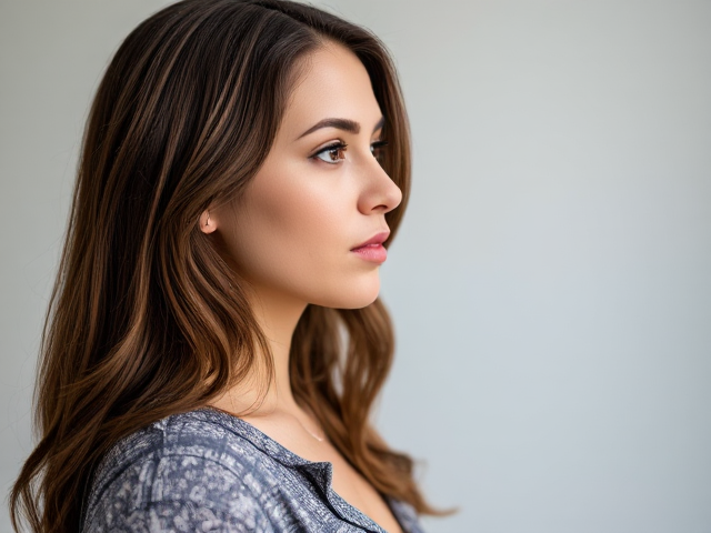 a lean early twenties casually-dressed brown-haired woman with thick eyebrows