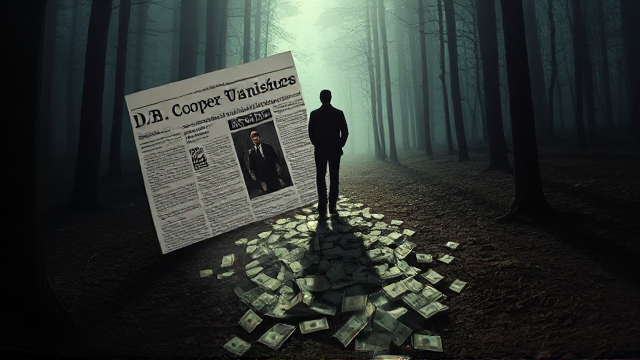 "A montage-like image: a newspaper front page with the headline 'D.B. Cooper Vanishes,' a pile of cash scattered on the ground, and the shadowy outline of a man walking into the foggy woods."