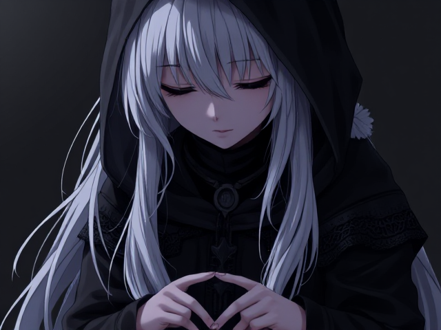 Dark souls like dark fantasy girl with her both eyes closed since she’s blind, with long flowing white hair in dark black clothing and looking down onto her hands, anime style
