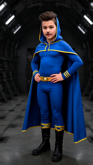 Comic Book scene: A preteen 12-year old boy with light skin and freckles on his cheeks named Kyle Lipton, but transformed into a superhero named Dr. Dimensionpants, who, despite still being a kid, has an extremely muscular body. He wears a tight blue hood outlined by a yellow line that covers the back half of his head and leaves his ears exposed, with a smooth, slicked back black mohawk on top. He also wears a sleek blue bodysuit outlined with yellow lines on the cuffs of the sleeves and pants, a golden belt with a circular buckle, black boots, and a really big, heel-length long, ultra-wide blue cape with a really big collar outlined with yellow lines wreathed around his neck held up by a golden button. The pupils in his eyes are green, and he has a long black twin moustache, which help protect his true identity in this form. He also has incredible, invincible, and cosmic superpowers flowing through his veins. He is currently standing in a dark, abandoned space station in outer space, trying to figure out what's haunting it.