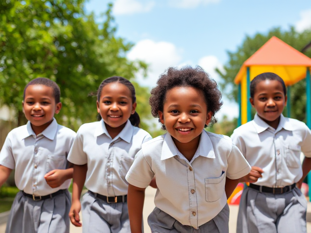 Ecole primaire avec des enfants afro-américains âgés de 8 ans en uniforme scolaire, en train de jouer joyeusement, sous un ciel ensoleillé, entourés de verdure et structures de jeux colorées