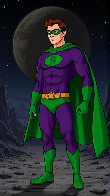 Dramatic Comic Book Cartoon scene: A young, Autistic 25-year old boy with light skin and flat, smooth, and slick brown hair named T.J. Granger, but transformed into a genetically-altered superhero named Powerman, who, despite still being a young adult kid, has an extremely muscular body. He wears a sleek purple suit with a green P symbol on his chest, a gold belt with a circular buckle, green briefs, green boots, green long-cuffed gloves, a really big, toe-length long, ultra-wide green cape wreathed around his neck, and a green eye mask that protects his true identity. He also has incredible and invincible superpowers flowing through his veins. In this scene, Powerman is currently standing in a dark valley on a mysterious alien planet in outer space that needs his help, ready to begin his investigation.