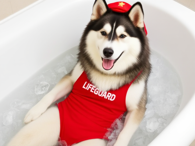 A anthropomorphic alaskan malamute  wearing a red lifeguard one piece swimsuit in a bathtub full of ice