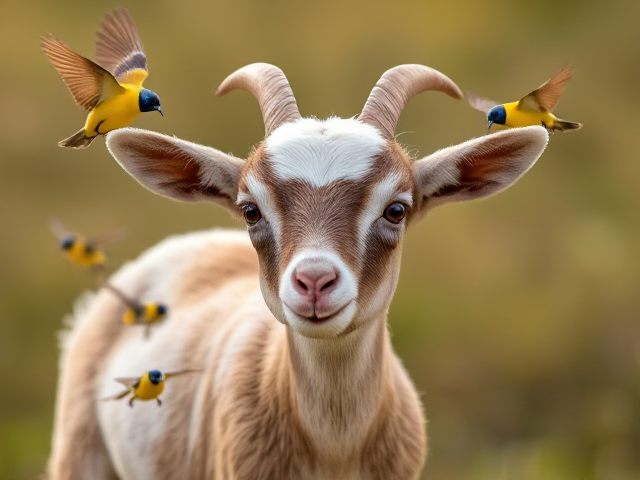 Create an image of a baby goat with honeyeater birds flying