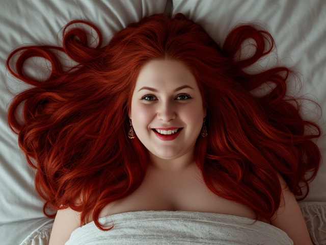 Images of A tall obese white woman long deep red hair blue eyes  laying on the bed  smiling