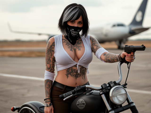 Thick, young, nymph Goth girl, black silver short hair, covered in tattoos, white sheer shirt, brown pants,neck to belly tattoo, face covered with skull bandana, same girl, revolver, on a bike, standing on runway, jet plane in background.