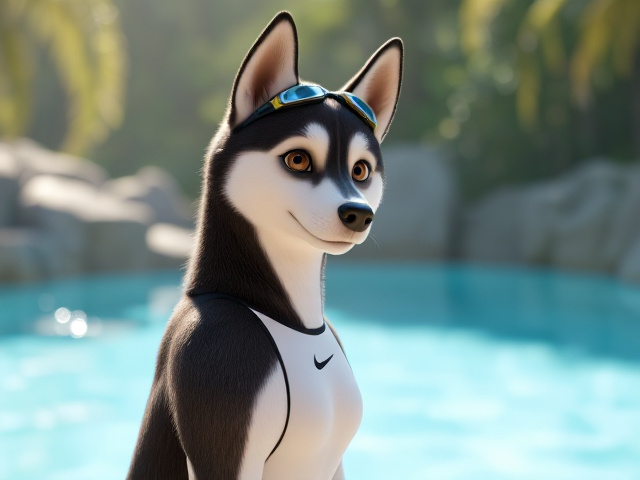 A tall Siberian Husky with a long torso and broad shoulders wearing a high cut Nike one piece swimsuit and swimming goggles