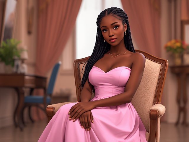 jeune femme noire de 19 ans avec des tresses, portant une élégante robe rose, assise gracieusement sur une chaise dans un environnement lumineux et détaillé