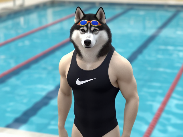 A tall and lean anthropomorphic Alaskan malamute with a long torso and broad shoulders, wearing a Nike one-piece swimsuit and swimming goggles while standing next to a Olympic-Sized swimming pool