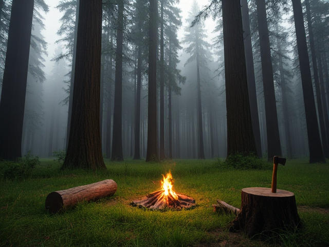 Create a realistic forest background with large trees and a soft, misty atmosphere. The focal point should be a small campfire at the center of the image, with a log nearby for sitting. Next to the log, place a tree stump with an axe embedded in it. Grass should surround the campfire, but keep the scene simple with no extra objects like additional logs. The trees in the background should be tall and partially covered by fog, giving a calm, peaceful wilderness feel. The lighting should emphasize the campfire glow and the misty environment."