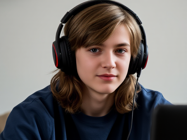generate a 15 year old man with long brown hair and some dark blue sweatpants and a dark blue sweatshirt. he is a gamer with black and red headset and he stinks