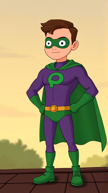 Dramatic Cartoon scene: A young, Autistic 25-year old boy with light skin and flat, smooth, and slick brown hair with a singular curled bang in the shape of a P sticking out at the front named T.J. Granger, but transformed into a genetically-altered superhero named Powerman, who, despite still being a young adult kid, has an extremely muscular body. He wears a sleek purple bodysuit with a green P symbol on his chest, a golden belt with a circular buckle, green briefs, green boots, green long-cuffed gloves, a really big, toe-length long, ultra-wide green cape wreathed around his neck, and a green eye mask that protects his true identity and also causes his pupils to magically disappear as his eyes glow an eerie white. He also has incredible and invincible superpowers flowing through his veins. In this scene, Powerman is currently standing on the roof of his house, ready for action.