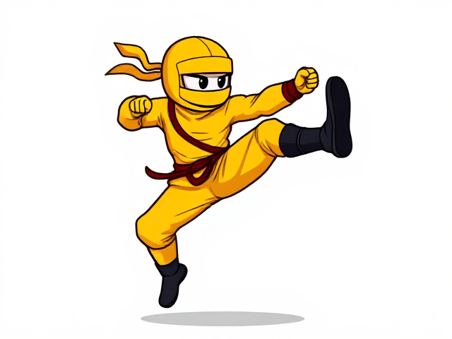 cartoonish 8 bit yellow ninja jump-kicking against a blank white background