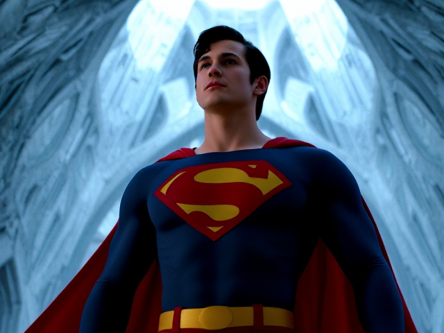 1990's Cinematic Movie Scene: Jon Kent, AKA the new Superman, the young, 24-year old super son of the original Superman, and the first to be born as the world's first Half-Kryptonian, with an extremely muscular body, the iconic costume, the singular curled bang sticking out at the front of his flat, smooth, and slick black hair, and a long and ultra-wide red cape, standing in his secret icy crystal lair in the Arctic, the Fortress Of Solitude, taking a moment to truly admire his new role and purpose as he takes his deceased father's place as the next Superman.