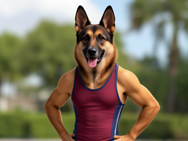 A tall and lean anthropomorphic German shepherd with long forearms wearing a water polo swimsuit