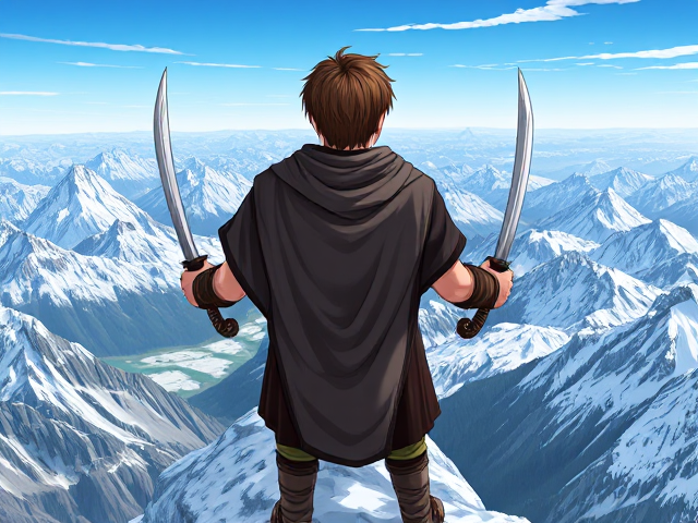 Young Viking warrior with medium brown hair, wearing a traditional Viking cloak draped over his head, stands majestically on top of a towering, snow-covered mountain peak. He holds two intricately designed Viking daggers in a firm downward stance, his back turned to the viewer. The scene is illustrated in vibrant anime art style, capturing the dramatic and epic atmosphere of the landscape