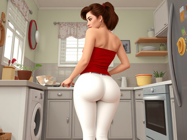 a very busty 50 year old attractive woman. she is wearing a tight red tube top with tight white pants. she is doing housework.