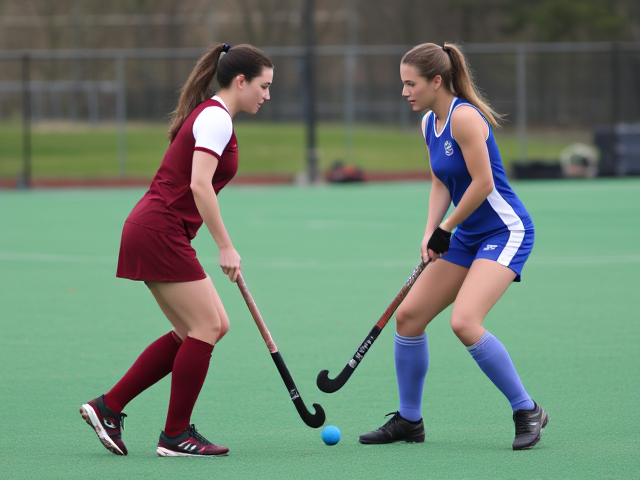 Beautiful 40 year old field hockey woman in a burgundy uniform with knee high socks and shin guards faces off against a beautiful 40 year old field hockey woman in a blue and white uniform with knee high socks and shin guards.