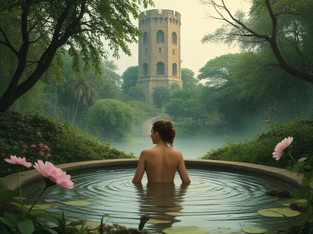 Nymph bathing in a mystical garden with a large tower in the background