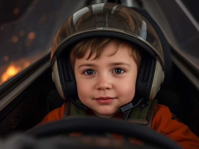 Cute little boy facial expression in cockpit as his star jet got hit and started burning and losing control