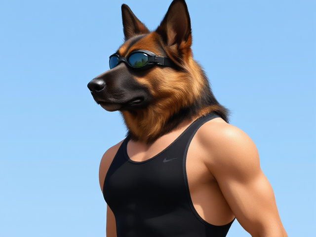 A tall and lean anthropomorphic long haired German shepherd with a long torso and broad shoulders wearing a high cut Nike one piece swimsuit and swimming goggles