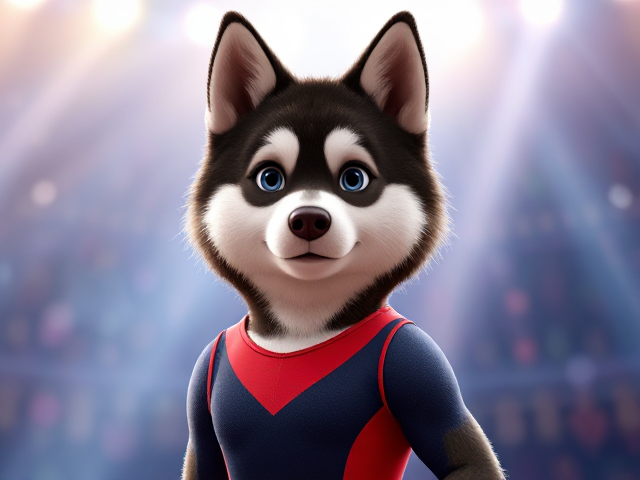 A Alaskan malamute Olympic gymnast wearing a leotard