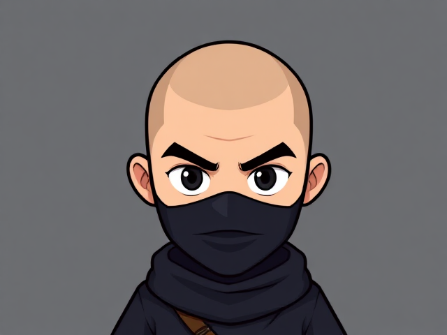Cartoonish 8-bit ninja with no mask, a shaved head, a Caucasian face and big eyebrows