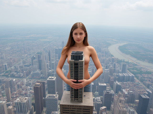 13-year-old girl, incredibly cute, with a muscular build, towering over a cityscape at an immense height of 10 million feet, gently holding a building nestled between her chest