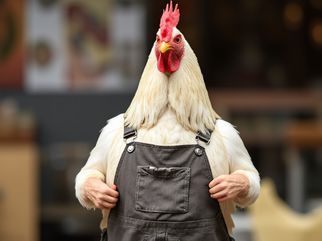 A chicken wearing overalls with suspenders but in the style of a restaurant advertisement. Show the entire chicken, but only with 1 head.