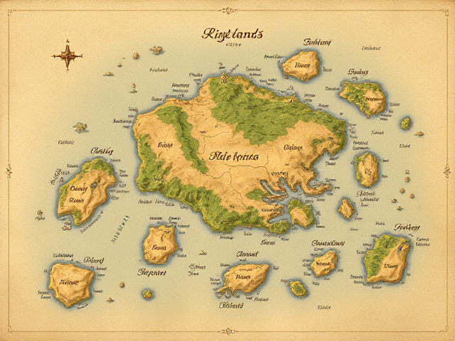 A flat fantasy map on a paper of a lot of big and small islands with fantasy cursive writing names that you can’t even read and kingdoms with no color, anime